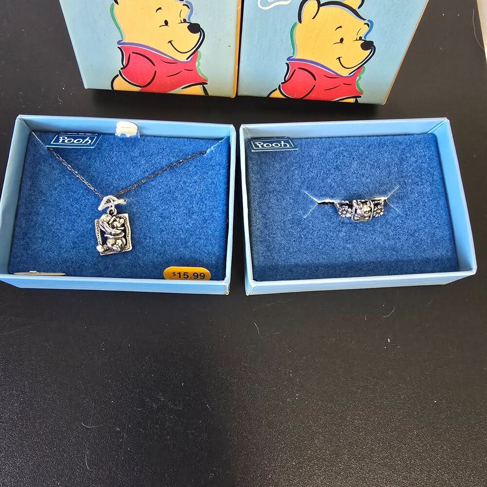Disney Winnie the Pooh Sterling Silver Pendant 18" Necklace and Ring Size 5 Vtg